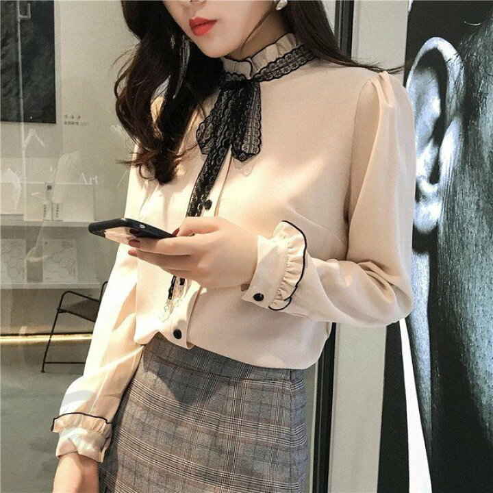 通勤 レースシフォンブラウス 春秋 長袖ブラウス レディース リボントップス ブラウス シャツ おしゃれ 韓国風 カットソー ブラウス ブラウス 着痩せ