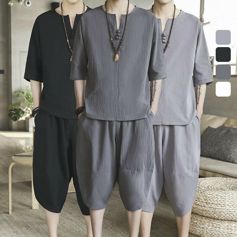 セットアップ 夏 リネン セール 半袖 ワイド 薄手 サルエルパンツ メンズ 綿麻上下セット ルームウェア