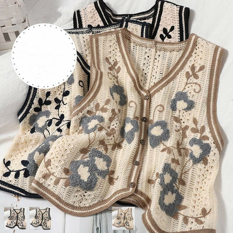 春新作 レディース 前開き ニットベスト 刺繍 Vネック トップス ノースリーブ 春新作 ショート丈 春秋 ..
