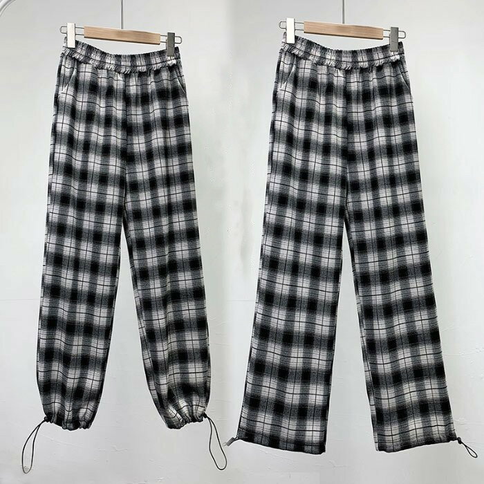 Cotton - 【送料無料】タータンチェック レディース 九分丈パンツ チェック柄 ワイドパンツ ジョガーパンツ 2WAYパンツ 九分丈 ゆったり ウエストゴム入り