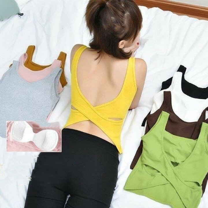 バッククロス レディース ブラトップ パッド付き 下着 背中開き バッククロス リブインナートップス