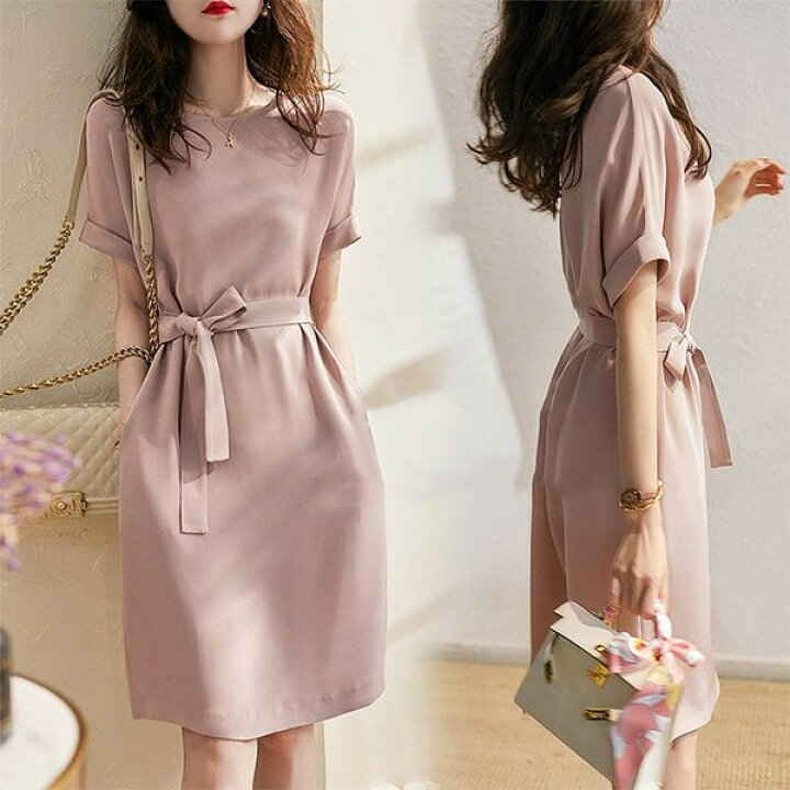 ワンピース 春夏半袖 半袖ワンピース きれいめ 膝丈春夏新作 無地 ひざ丈スカートオシャレ韓国風 ワンピース 大人 結婚式ドレス ゆったり シンプル
