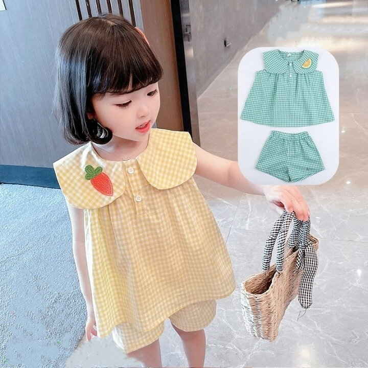ブラウス ノースリーブ 薄手 子供服 ベビー キッズ セットアップ 女の子 袖なし ショートパンツ 短パン ギンガムチェック柄 大きな襟 ニンジンのサムネイル