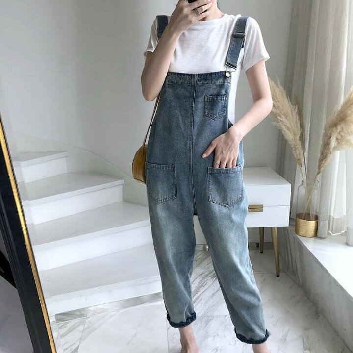 ゆったり デニムサロペット ロング デニムパンツ オールインワン ボトムス デニムサロペット ジーンズ 着痩せ 韓国ファッション ストレート