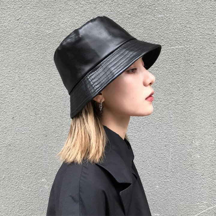 バケットハット レディース フェイクレザー ブラック 無地 帽子 シンプル おしゃれ かわいい