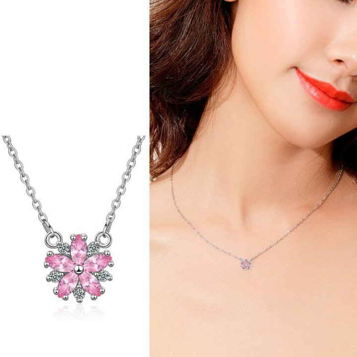 Women's Silver Necklace with Cherry Blossom Design and CZ Diamonds - Nickel-Free, Elegant, Cute, and Sophisticated. Perfect for Adults. (Point redemption available)