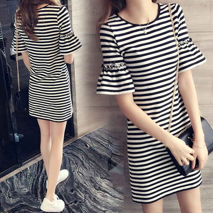 ワンピース 半袖 レディース フレア袖 ボーダー Aライン ショート丈 クルーネック 着痩せ フィット 春夏 おしゃれ 膝丈 送料無料