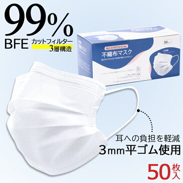 マスク 在庫あり 50枚 箱 即納 あす楽 国内在庫あり 不織布マスク 99％カット 三層式 三層構造 ふつうサイズ 使い捨て プリーツ ホワイト 白 微粒子防止 花粉対策 飛沫防止 箱入り