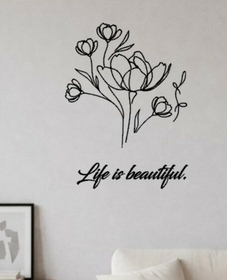 Rakuten - 新商品 ウォールステッカー Life is beautiful. ラインアート 花 植物 北欧 ゆうパック送料無料 転写式 モノトーン おしゃれ リビング リラックス ライフ 生活 シール 模様替え 葉っぱ 自然