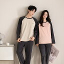 ペア パジャマ 長袖 男女2着 セット パッチワークスタイル シンプル 柔らかい 綿 カジュアル 大きいサイズ カップル 春 秋 ルームウェア クルーネック 冬...