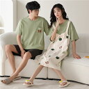 【男女2着セットの価格】ペア パジャマ 半袖 夏 綿100% メンズ ルームウェア ワンピース 外出 レディース ペアパジャマ ギフト おしゃれ カップル ペア...