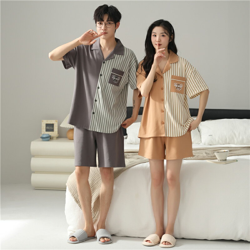 ペア パジャマ 半袖 夏 男女2着 セット メンズ ルームウェア パジャマ 前開き 春夏 レディース 綿 ペアパジャマ ギフト おしゃれ カップル ペア 結婚祝い プレゼント スウェット 上下セット 部屋着 パジャマ カップル お揃い プレゼント ペアルック ストライプ シンプル