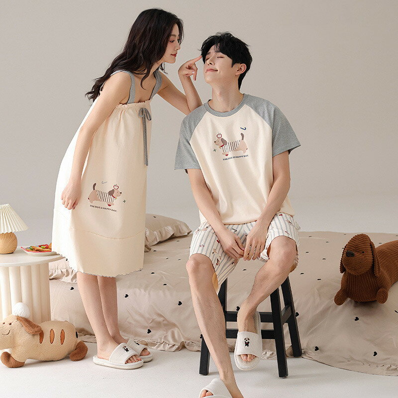 ペア パジャマ 半袖 夏 綿100% 男女2着 セット ダックスフント リボン シンプル かわいい キャミワンピ セットアップ ネグリジェ ルームウェア 高級 カップル 春夏 ペアパジャマ 結婚祝い プレゼント お祝い おもしろ 夫婦 ギフト 上下セット レディース 部屋着 メンズ