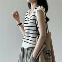 ニット レディース 半袖 夏 tシャツ ボーダー カジュアル トップス ゆったり ノースリーブ シンプル 春 きれいめ サマーニット ブランド 薄手 プルオーバー リブニット 痩せ リブ フェミニン ベーシック 着回し 春夏 吸汗 韓国 ファッション おしゃれ フレンチ(4)