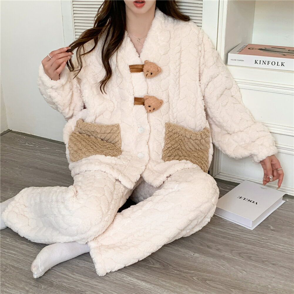 マタニティ パジャマ 冬 モコモコ クマ 柔らかい おしゃれ 長袖 マタニティ ルームウェア 授乳口 付き ウエスト調節 パジャマ 上下セット マタニティ パジ...