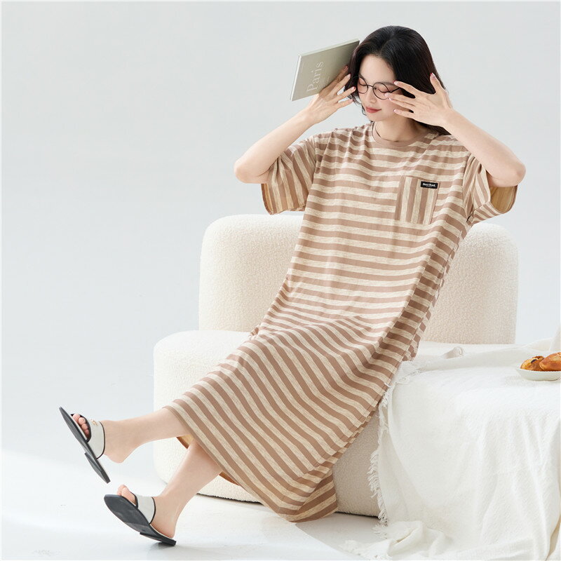 ルームウェア ワンピース レディース 夏 マタニティ ストライプ ネグリジェ 半袖 綿 薄手 ワンピース ロング オーバーサイズ パジャマ ブランド かわいい ...