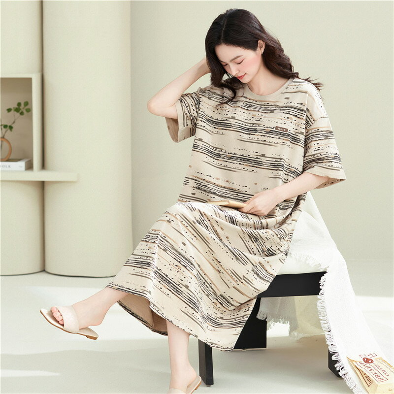 ルームウェア ワンピース レディース 夏 マタニティ ストライプ ネグリジェ 半袖 綿 薄手 ワンピース ロング オーバーサイズ パジャマ ブランド かわいい ...