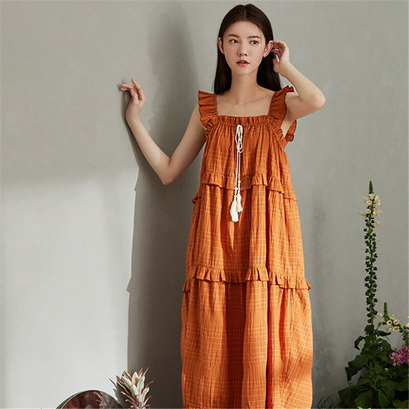 ルームウェア ワンピース レディース 夏 若見え 夏 ゆったり ギンガムチェック ネグリジェ 綿 パジャマ ノースリーブ ブランド かわいい 大人 春秋 おしゃ...