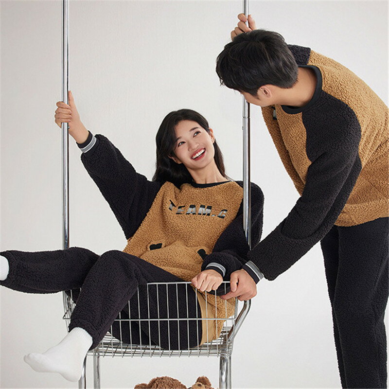ペアパジャマ もこもこ 冬 男女2着 セット カジュアル 防寒 セットアップ カップル パジャマ ルームウ..