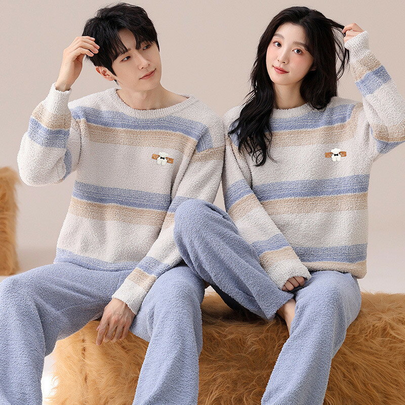 ペアパジャマ もこもこ 冬 男女2着 セット 厚手 裏起毛 カップル ストライプ パジャマ 秋冬 ルームウェ..