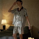 シルク パジャマ メンズ 半袖 前開き ストライプ シンプル 着心地良い 夏 セットアップ ルームウェア 半袖トップス ショートパンツ 春 秋 夏用 洗える 上...