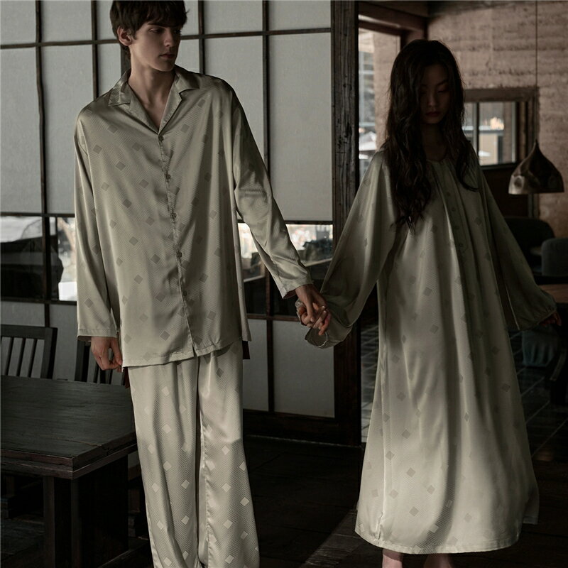 ペア パジャマ 合成シルク 長袖 男女2着 セット カップル 春 秋 薄手 高級 シルク ルームウェア 夏 レ..