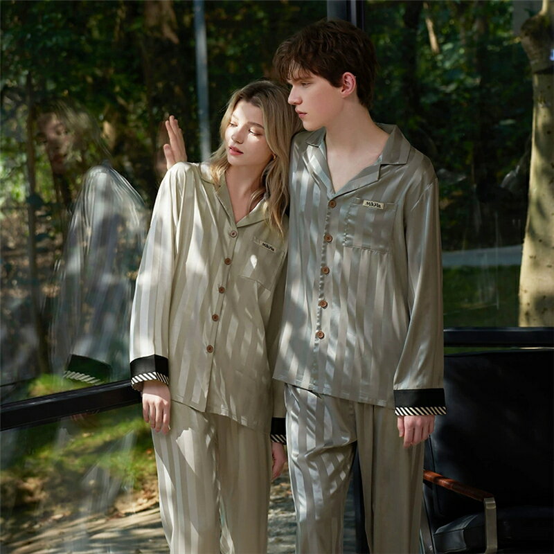 ペア パジャマ 合成シルク 長袖 男女2着 セット カップル 長袖トップス ストライプ シルク ルームウェ..