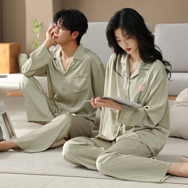 ペア パジャマ 合成シルク 長袖 男女2着 セット セットアップ 前開き カップル 春 秋 ストライプ シン..