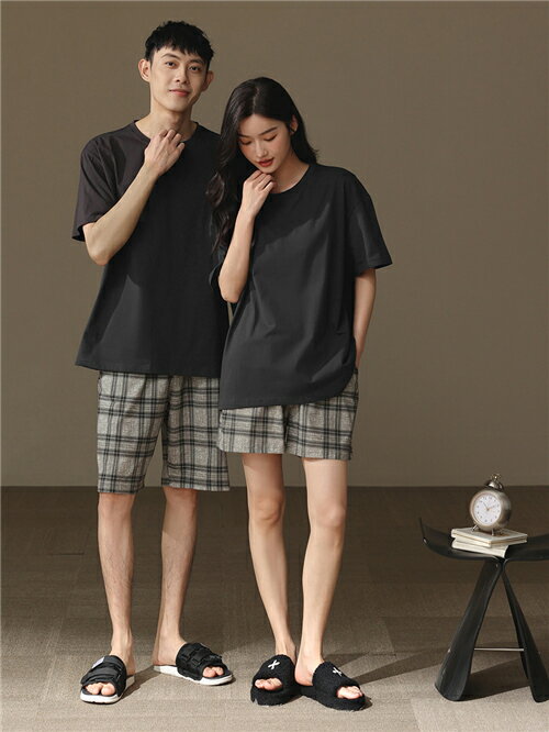 ペア パジャマ 半袖 夏 綿100% ブラック グレー メンズ ルームウェア 外出 レディース ペアパジャマ ギフト おしゃれ カップル ペア 春夏 結婚祝い プレゼント ペアパジャマ スウェット 上下セット 部屋着 パジャマ カップル お揃い プレゼント ペアルック カップル
