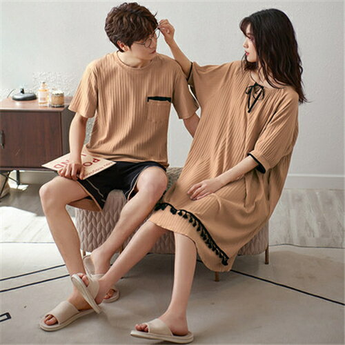 ペア パジャマ 半袖 春夏 レディース ワンピース パジャマ メンズ 綿100% ペア パジャマ ギフト カップル ペア ルームウェア 夏 結婚祝い プレゼント ペア パジャマ スウェット 上下セット カップル ペア 部屋着 パジャマ カップル お揃い プレゼント 母の日 カーキ 無地