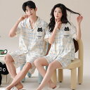 ペア パジャマ 半袖 夏 男女2着 セット 春 猫 柔らかい 着心地良い 綿 セットアップ 前開き カップル ルームウェア 半袖トップス ショートパンツ 高級 ...