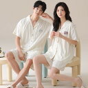 ペア パジャマ 半袖 夏 男女2着 セット 春 シンプル 柔らかい 着心地良い 綿 セットアップ 前開き カップル ルームウェア 半袖トップス ショートパンツ ...