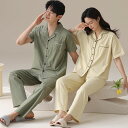 ペア パジャマ 半袖 夏 男女2着 セット 春 無地 ポケット シンプル セットアップ カップル 綿100% 薄手 ルームウェア 半袖トップス ロングパンツ 高...