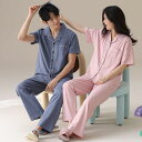 ペア パジャマ 半袖 夏 男女2着 セット 春 シンプル ポケット 柔らかい セットアップ カップル 綿100% 薄手 ルームウェア 半袖トップス ロングパンツ...