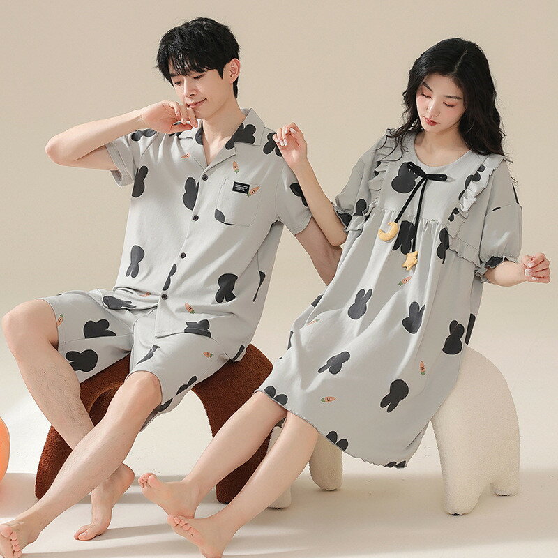 ペア パジャマ 半袖 夏 綿100% 男女2着 セット うさぎ フレア 可愛い アニメ かわいい 大きいサイズ セットアップ カップル 薄手 ルームウェア 高級 春夏 ペアパジャマ 結婚祝い プレゼント お祝い おもしろ 夫婦 ギフト 上下セット レディース 部屋着 メンズ