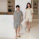 ペア パジャマ 半袖 夏 男女2着 セット 春 シンプル 前開き カジュアル 綿 刺繍 プリント 薄手 ルームウェア ペアルック 高級 カップル 春夏 ペアパジ...