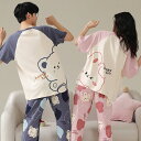 ペア パジャマ 半袖 夏 綿100% 男女2着 セット 可愛い 柔らかい ゆったり カジュアル アニメ カップル 春 秋 ルームウェア 半袖トップス+ロングパン...