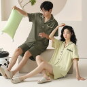 ペア パジャマ 半袖 夏 綿100% 男女2着 セット 無地 シンプル 前開き 涼しい カップル 薄手 2点セット ルームウェア 高級 春夏 ペアパジャマ 結婚...