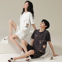 ペア パジャマ 半袖 夏 綿100% 男女2着 セット クマ チェック ゆったり カジュアル アニメ カップル ルームウェア 半袖トップス+ショートパンツ 高級...