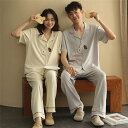 ペア パジャマ 半袖 夏 綿100% 男女2着 セット シンプル ゆったり 前開き ワッフル生地 カップル 半袖トップス+ロングパンツ カジュアル 部屋着 高級...