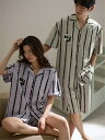 ペア パジャマ 半袖 夏 男女2着 セット 春 シンプル ゆったり 前開き 涼しい 綿 カップル ストライプ 柔らかい ルームウェア 半袖トップス+ショートパン...
