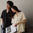 ペア パジャマ 半袖 夏 綿100% 男女2着 セット シンプル ゆったり 前開き セットアップ カップル 無地 薄手 ルームウェア 半袖トップス+ショートパン...