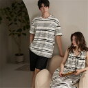 ペア パジャマ 半袖 夏 男女2着 セット 春 ボーダー シンプル ゆったり 綿 ワンピース カップル 柔らかい タンキニ ルームウェア パッド付き 高級 春夏...