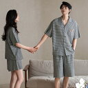 ペア パジャマ 半袖 夏 綿100% 男女2着 セット ボーダー 前開き ゆったり セットアップ カップル ストライプ ルームウェア 半袖トップス+ショートパン...