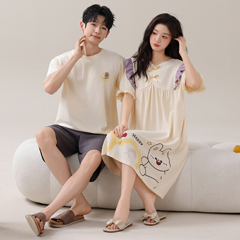 Rakuten - ペア パジャマ 半袖 夏 男女2着 セット 春 うさぎ クマ リボン 高級 カップル ルームウェア 春夏 ペアパジャマ 結婚祝い プレゼント お祝い おもしろ 夫婦 ギフト 上下セット レディース 部屋着 メンズ