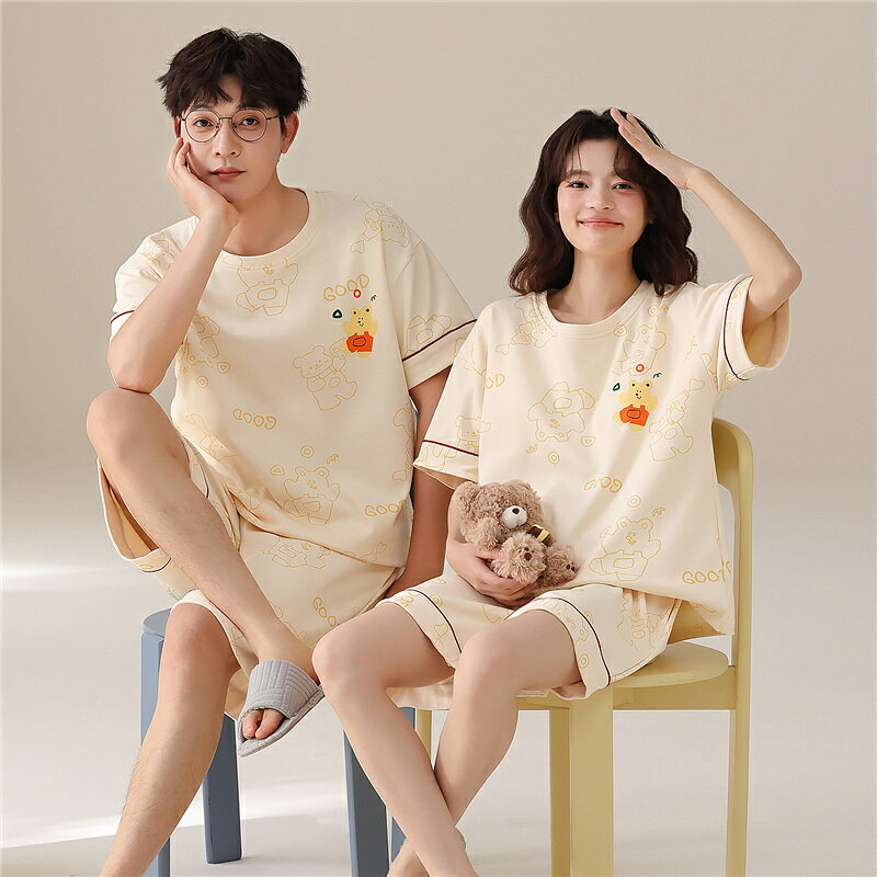 乐天商城 - ペア パジャマ 半袖 夏 男女2着 セット 春 クマ 可愛い シンプル 高級 カップル ルームウェア 春夏 ペアパジャマ 結婚祝い プレゼント お祝い おもしろ 夫婦 ギフト 上下セット レディース 部屋着 メンズ