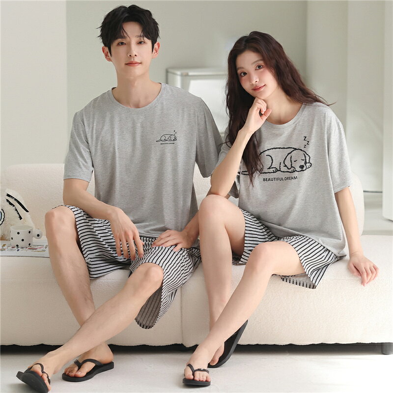 乐天商城 - ペア パジャマ 半袖 夏 男女2着 セット 春 犬 可愛い ストライプ 高級 カップル ルームウェア 春夏 ペアパジャマ 結婚祝い プレゼント お祝い おもしろ 夫婦 ギフト 上下セット レディース 部屋着 メンズ