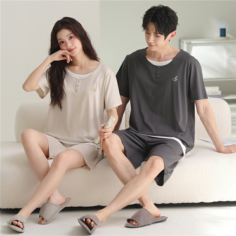 Rakuten - ペア パジャマ 半袖 夏 男女2着 セット 春 無地 重ね着レイヤード 柔らかい 高級 カップル ルームウェア 春夏 ペアパジャマ 結婚祝い プレゼント お祝い おもしろ 夫婦 ギフト 上下セット レディース 部屋着 メンズ