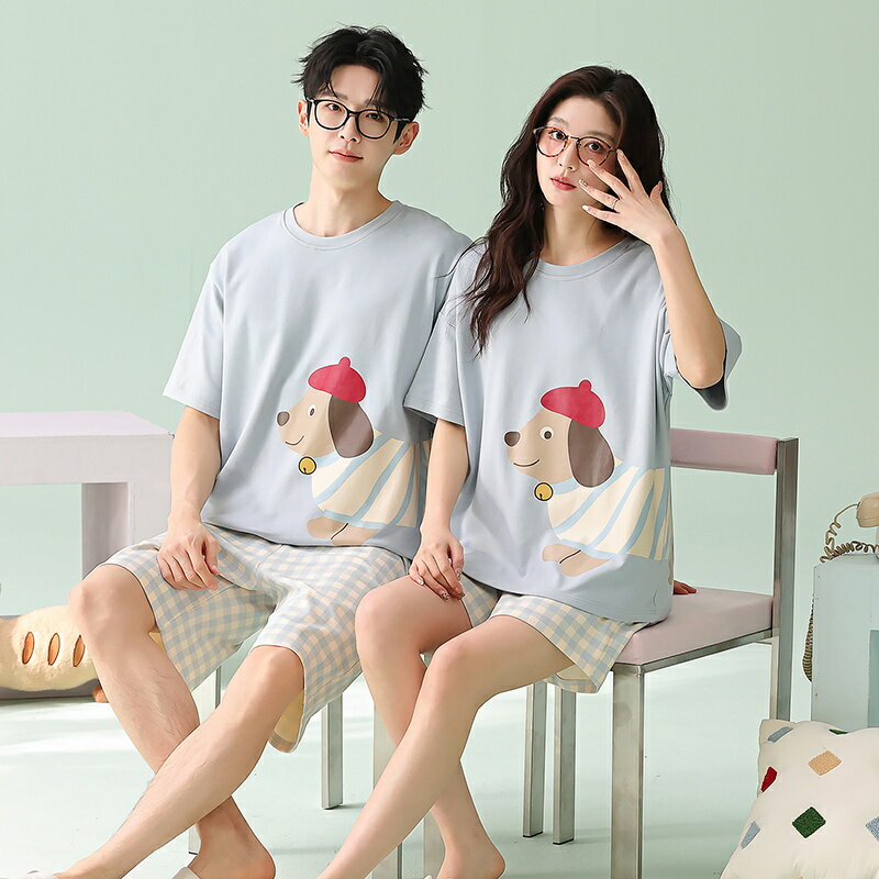 Rakuten - ペア パジャマ 半袖 夏 綿100% 男女2着 セット 犬 プリント チェック 高級 カップル ルームウェア 春夏 ペアパジャマ 結婚祝い プレゼント お祝い おもしろ 夫婦 ギフト 上下セット レディース 部屋着 メンズ