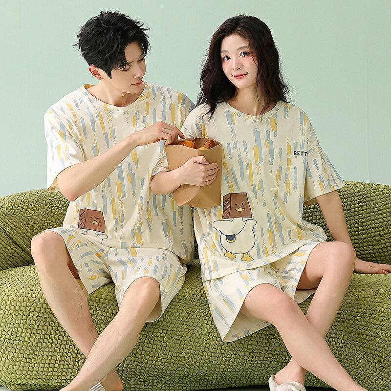 乐天商城 - ペア パジャマ 半袖 夏 綿100% 男女2着 セット アヒル 可愛い カジュアル 高級 カップル ルームウェア 春夏 ペアパジャマ 結婚祝い プレゼント お祝い おもしろ 夫婦 ギフト 上下セット レディース 部屋着 メンズ